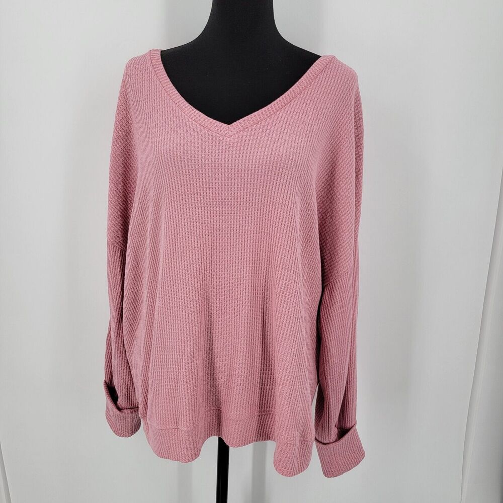 Sanctuary Top Women's Size 2X Waffle Knit V Neck Long Sleeve Pink Blouse NEW